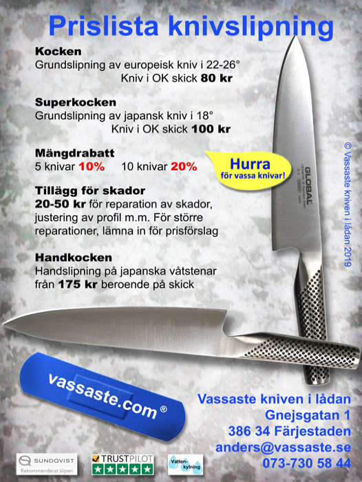 Knivslipning Kalmar och Öland - Slipa dina slöa knivar hos ett rekommenderat sliperi- Prislista knivslipning Kalmar och Öland